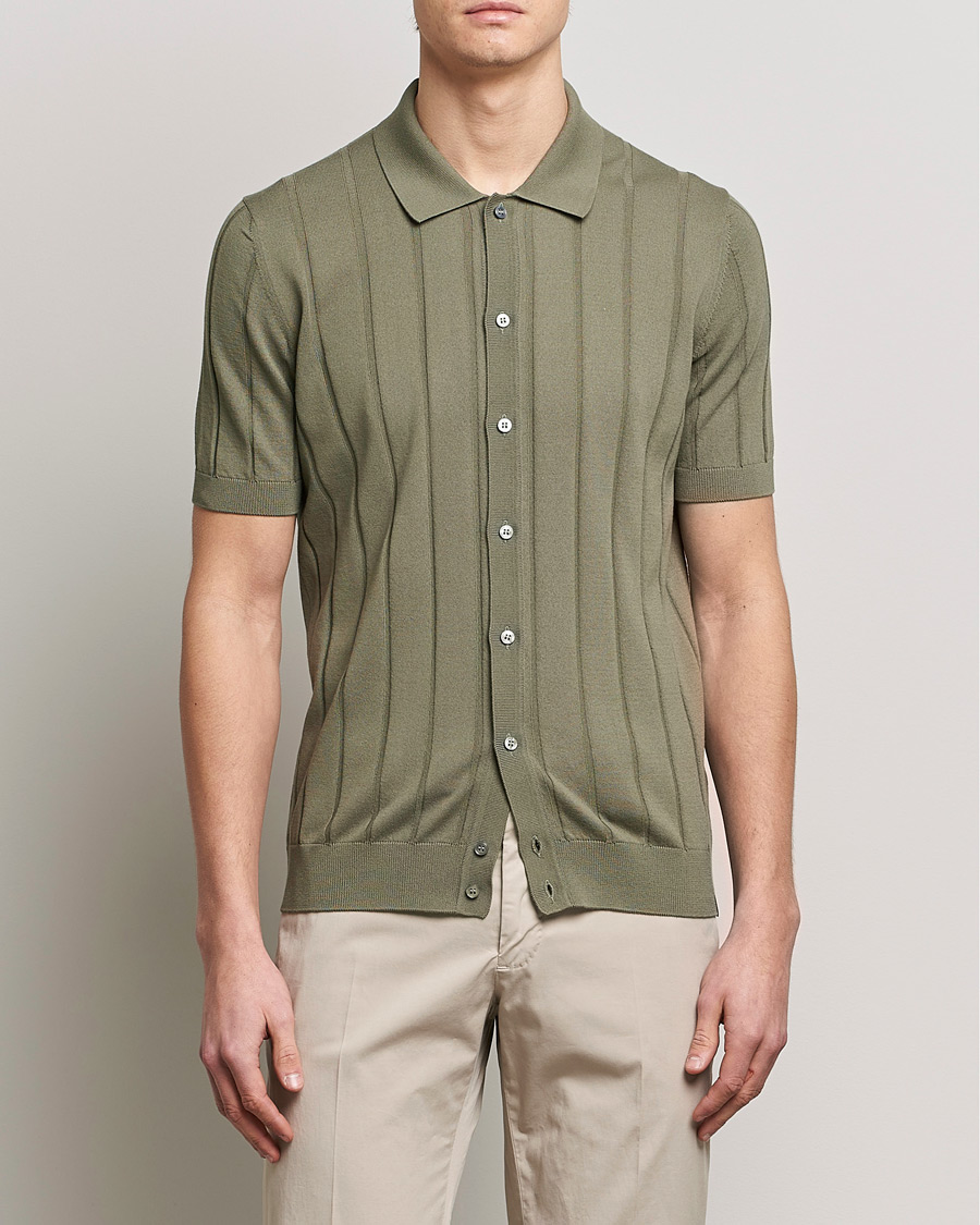 Herre |  | Lardini | Short Sleeve Knitted Cotton Crèpe Shirt Olive