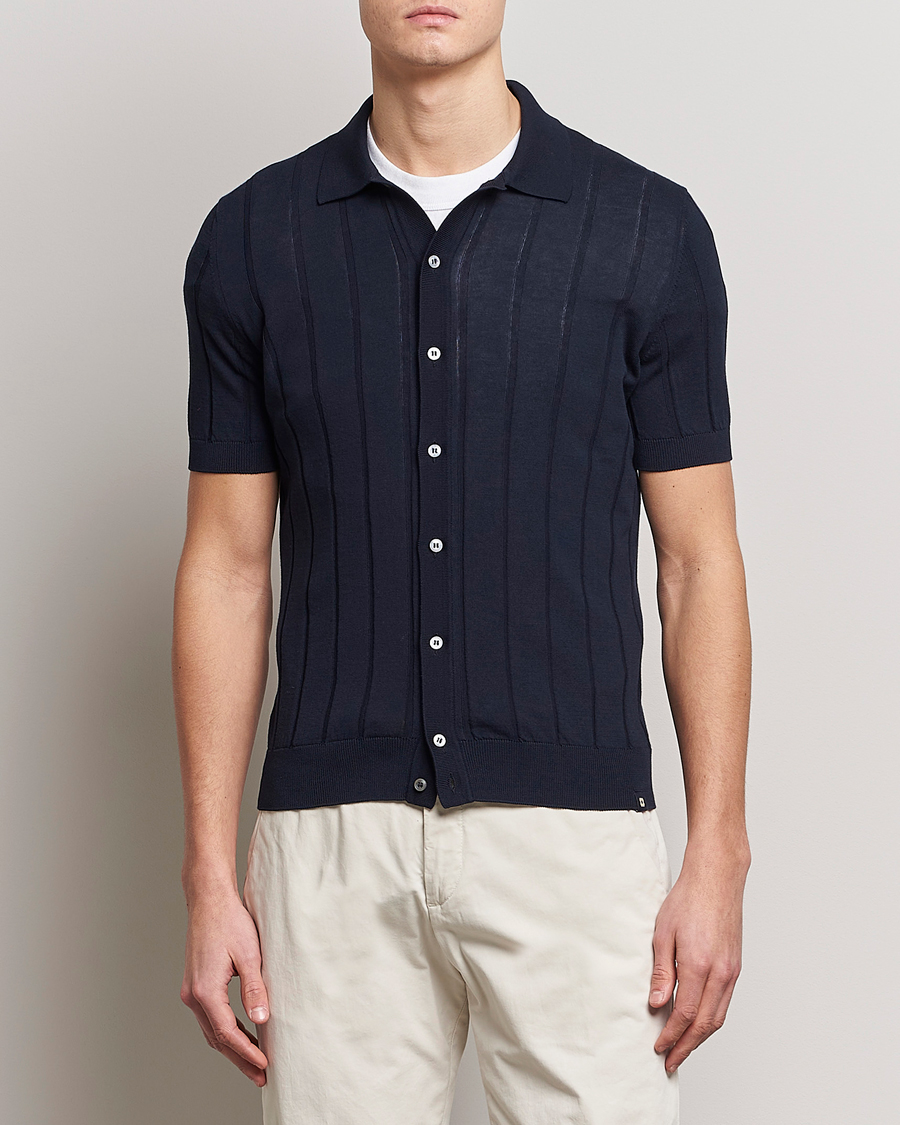 Herre | Italian Department | Lardini | Short Sleeve Knitted Cotton Crèpe Shirt Navy