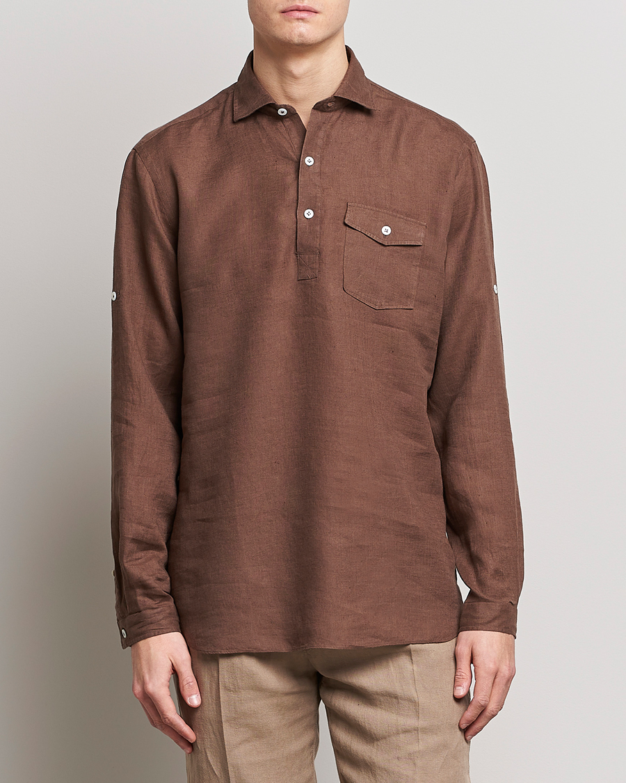 Herre | Plagg i lin | Lardini | Relaxed Linen Popover Shirt Brown