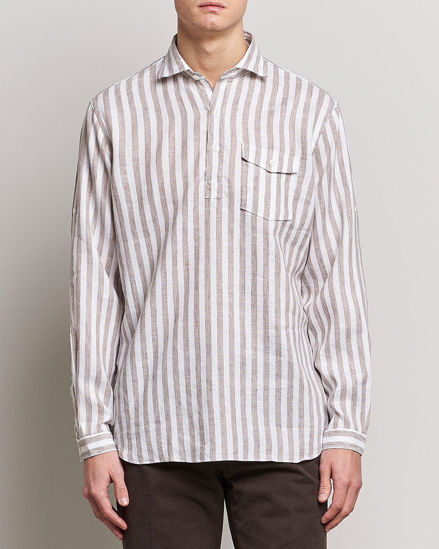 Herre |  | Lardini | Relaxed Striped Linen Popover Shirt Brown/White