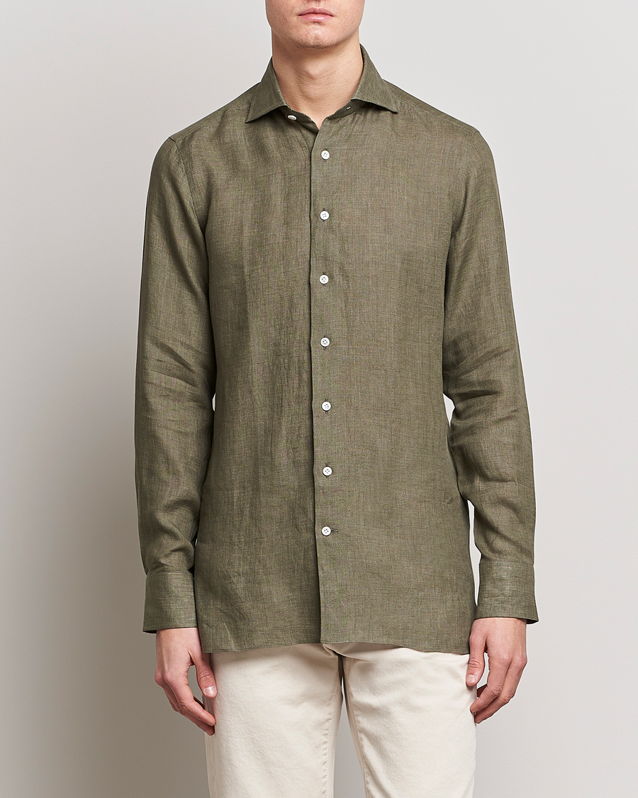 Herre |  | 100Hands | Signature Linen Cut Away Shirt Green