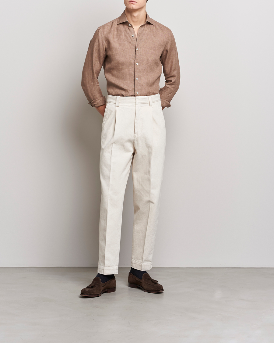 Herre | Skjorter | 100Hands | Signature Linen Cut Away Shirt Taupe