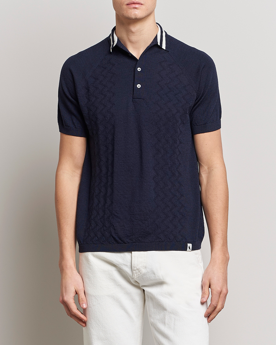 Herre |  | Peregrine | Textured Wool Short Sleeve Poloshirt Navy