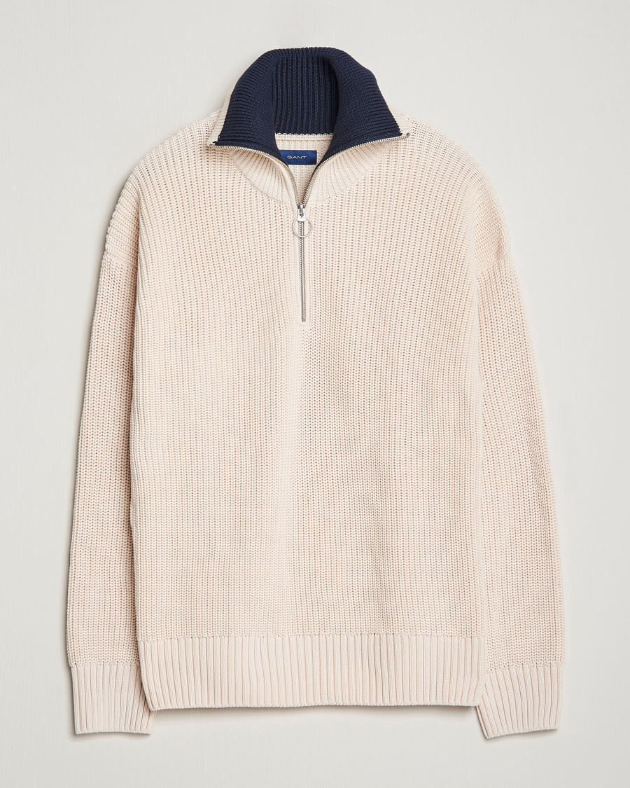 Herre | Gensere | GANT | Chunky Ribbed Knitted Half-Zip Linen White