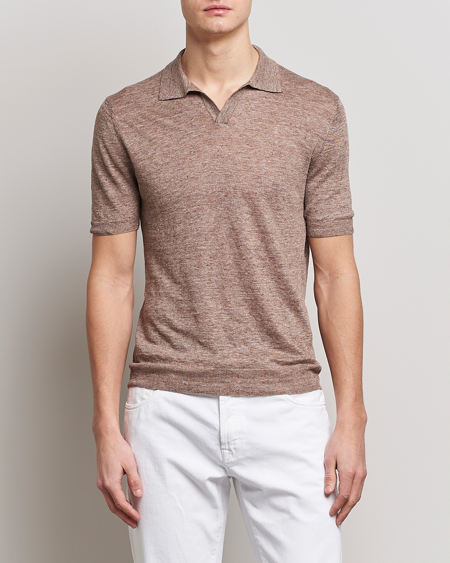 Herre | Pikéer | Gran Sasso | Knitted Linen Polo Medium Brown