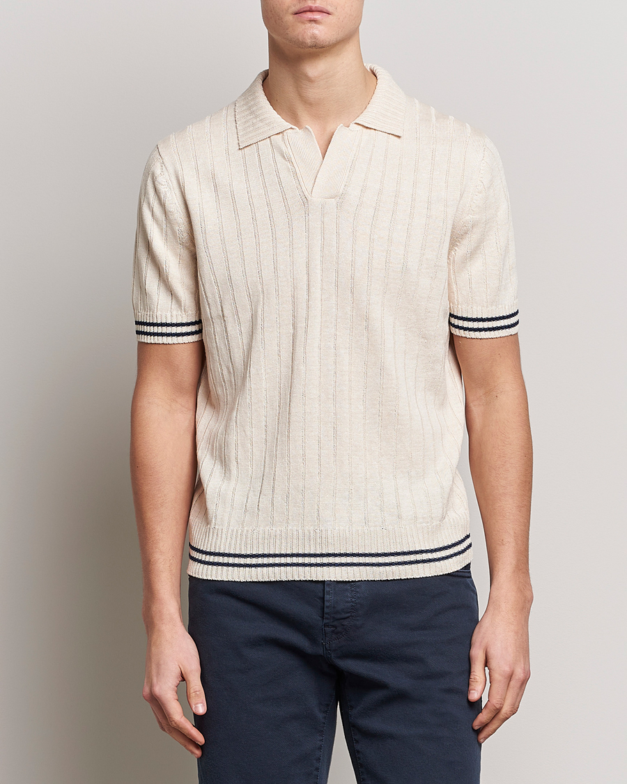 Herre | Pikéer | Gran Sasso | Cotton/Linen Structured Knitted Polo Cream