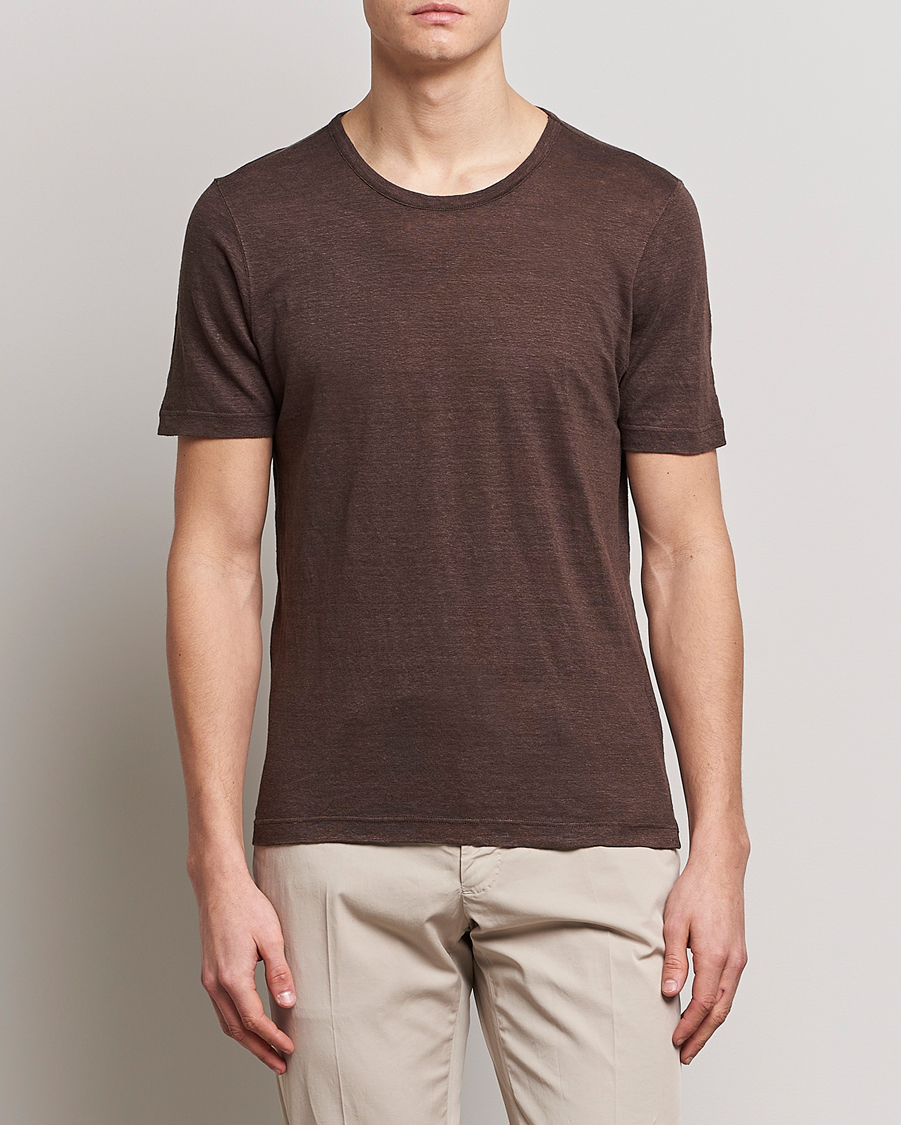 Herre | T-Shirts | Gran Sasso | Washed Linen Tee Dark Brown