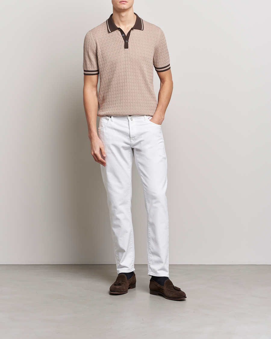 Herre | Pikéer | Gran Sasso | Cable Knitted Contrast Polo Beige