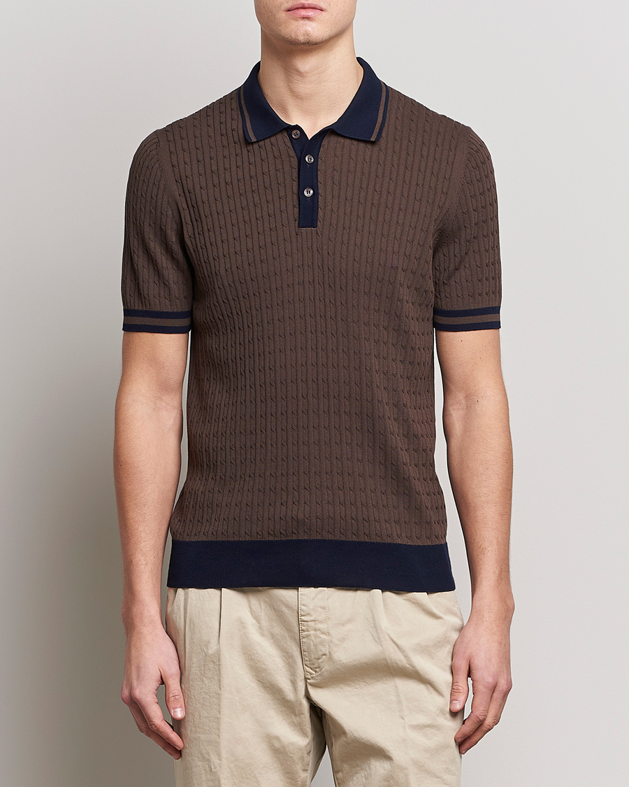 Herre | Pikéer | Gran Sasso | Cable Knitted Contrast Polo Dark Brown