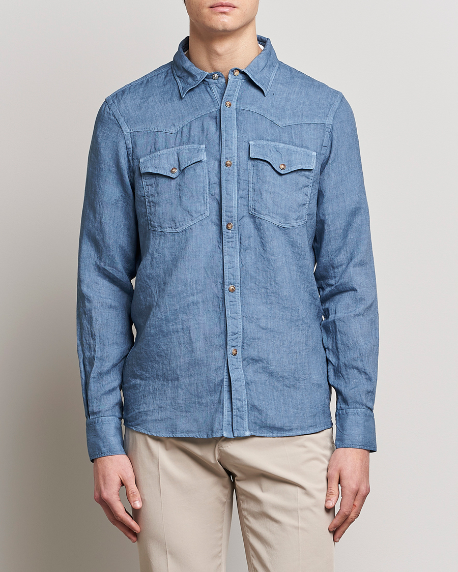 Herre |  | Gran Sasso | Casual Pocket Linen Shirt Blue