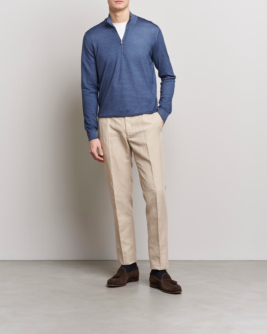 Herre | Gensere | Gran Sasso | Summer Merino Half Zip Sweater Blue Melange