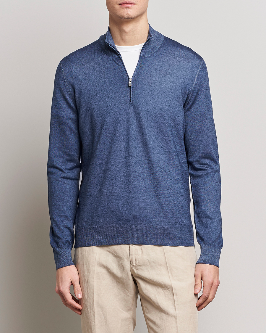 Herre | Italian Department | Gran Sasso | Summer Merino Half Zip Sweater Blue Melange
