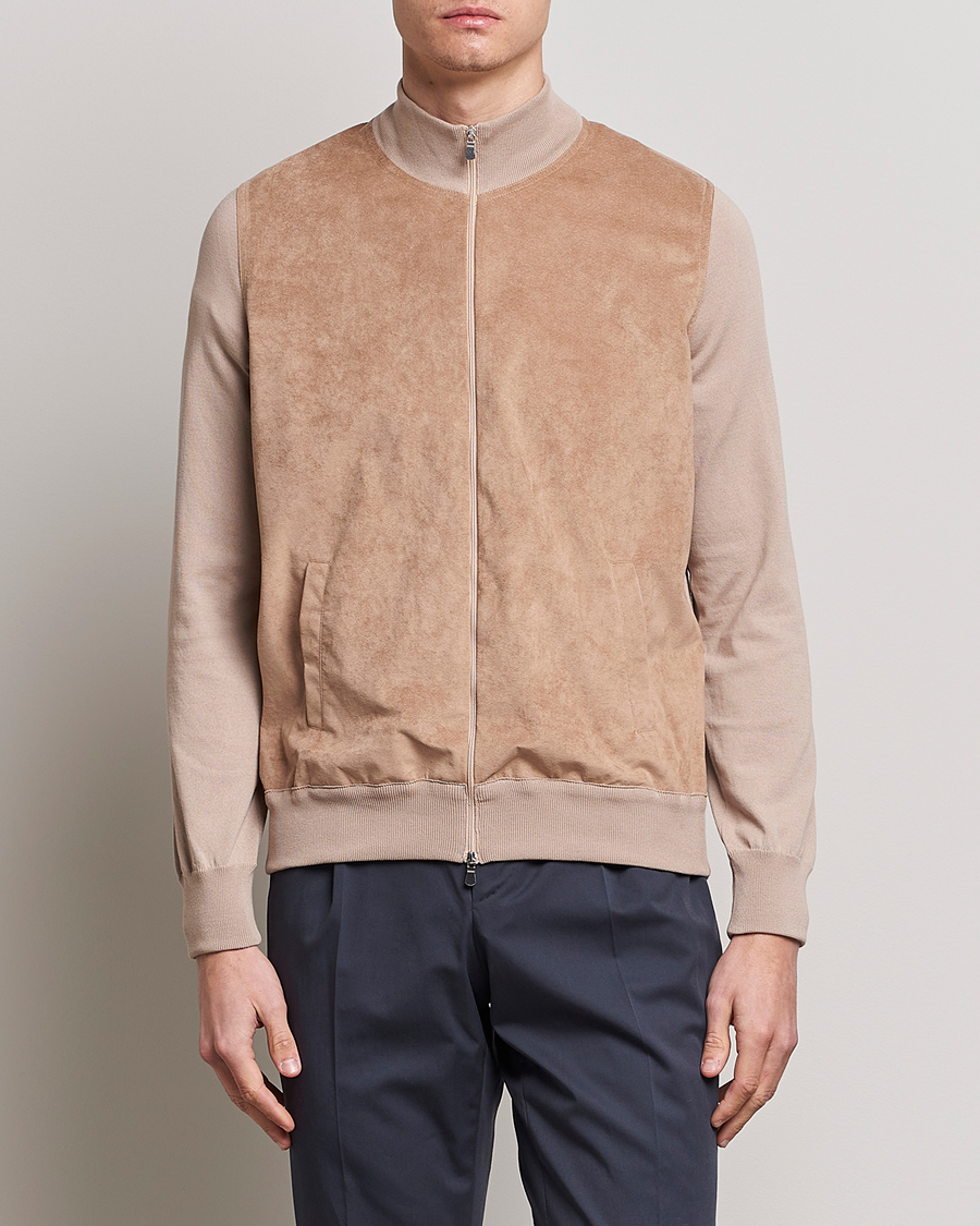 Herre | Full-zip | Gran Sasso | Knitted Cotton/Alcantara Full Zip Beige
