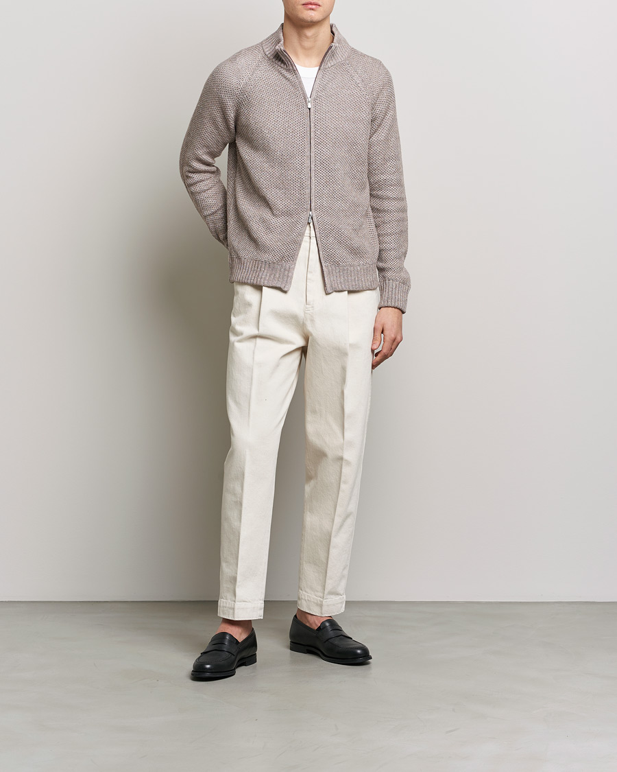 Herre | Gensere | Gran Sasso | Structured Cotton/Linen Full Zip Beige Melange