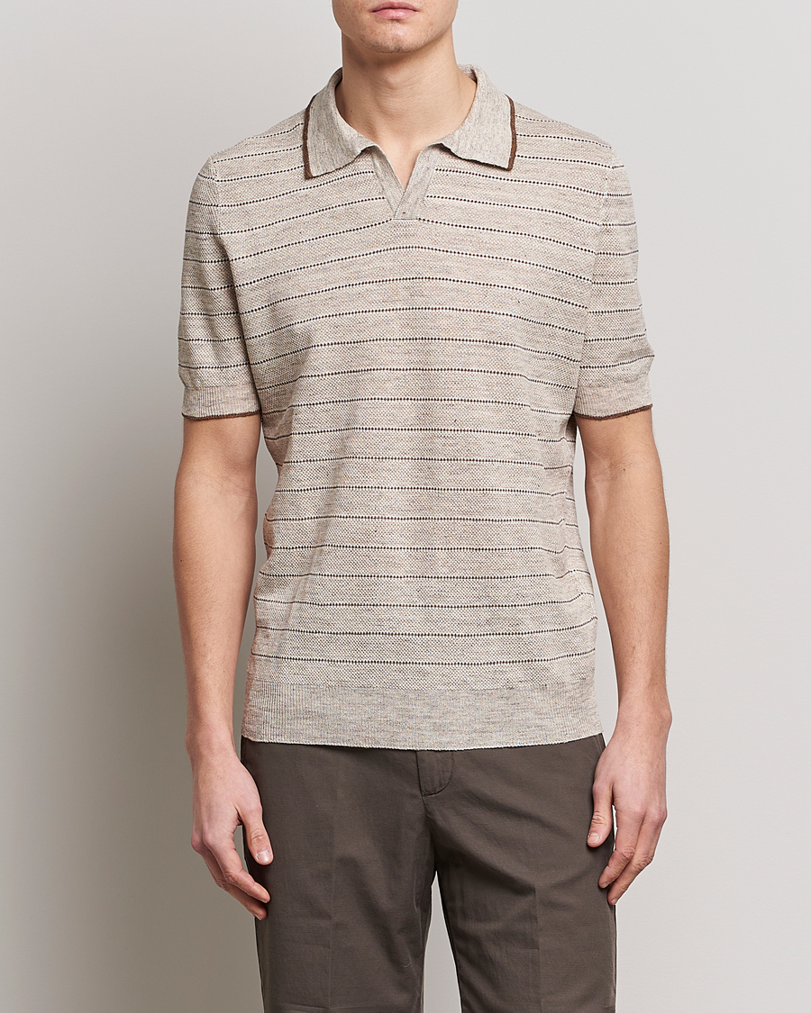 Herre |  | Gran Sasso | Structured Striped Knitted Linen Polo Beige