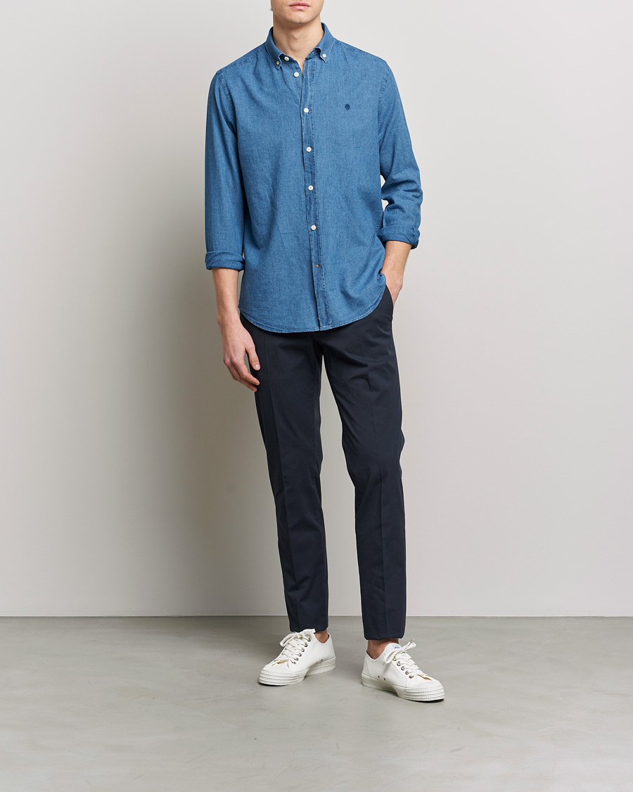 Herre | Skjorter | Morris | Cotton /Linen Indigo Button Down Shirt Medium Blue