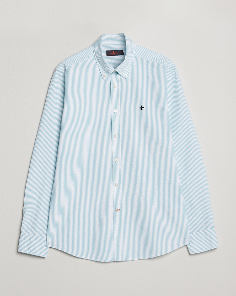 Herre | Skjorter | Morris | Seersucker Button Down Shirt Aqua/White