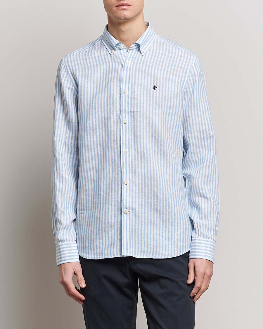 Herre |  | Morris | Douglas Linen Button Down Striped Shirt Blue/White
