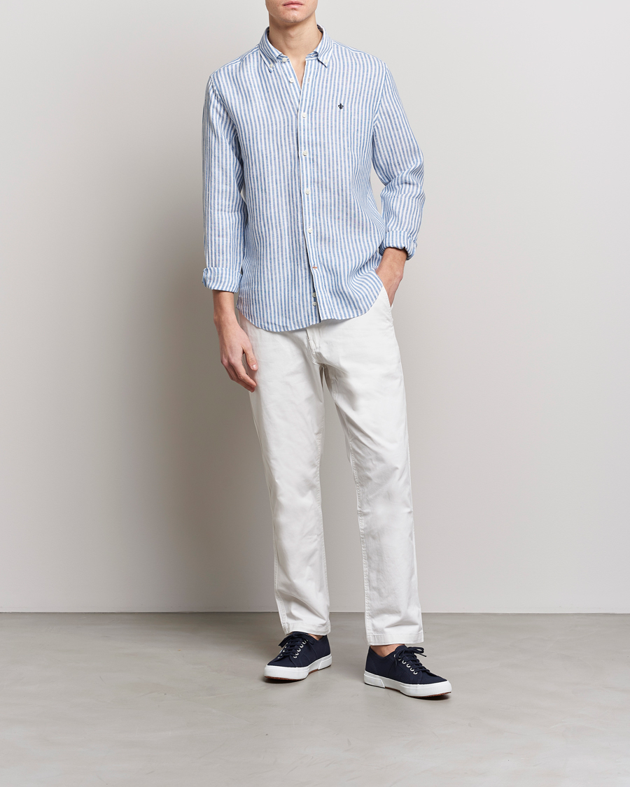 Herre | Skjorter | Morris | Douglas Linen Button Down Striped Shirt Navy/White