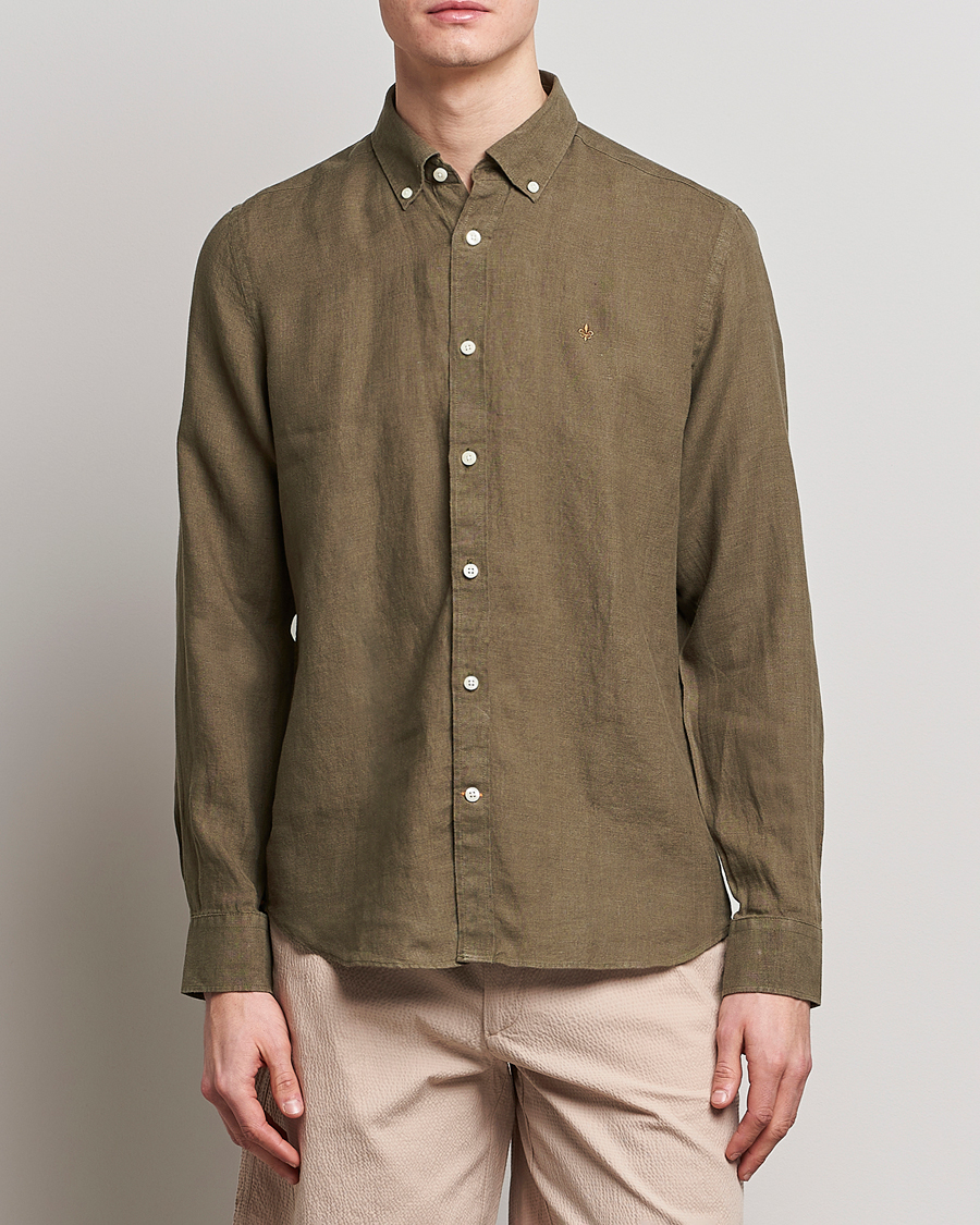 Herre |  | Morris | Douglas Linen Button Down Shirt Dark Green