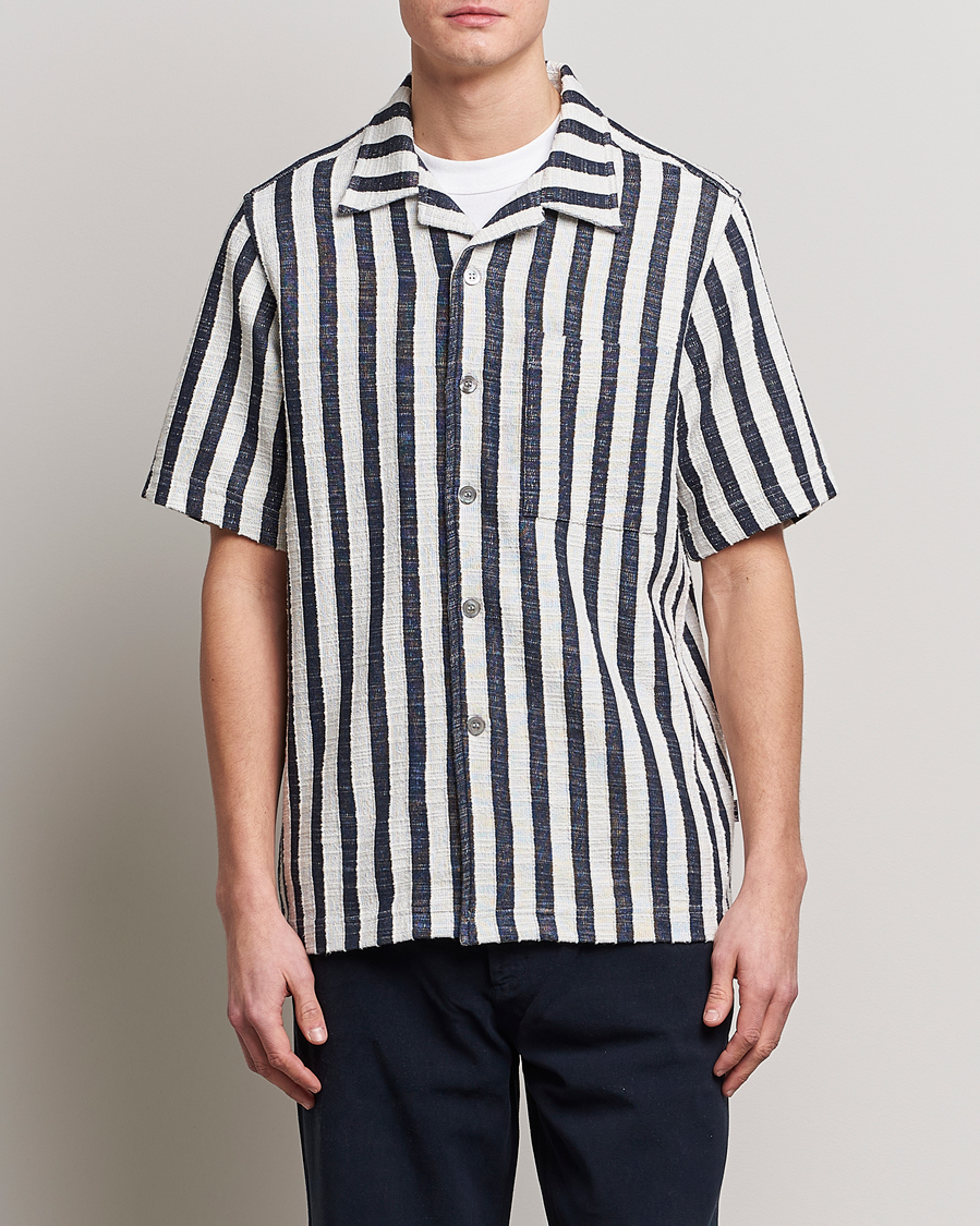 Herre | NN07 | NN07 | Julio Knitted Striped Resort Collar Shirt Navy/Stripe