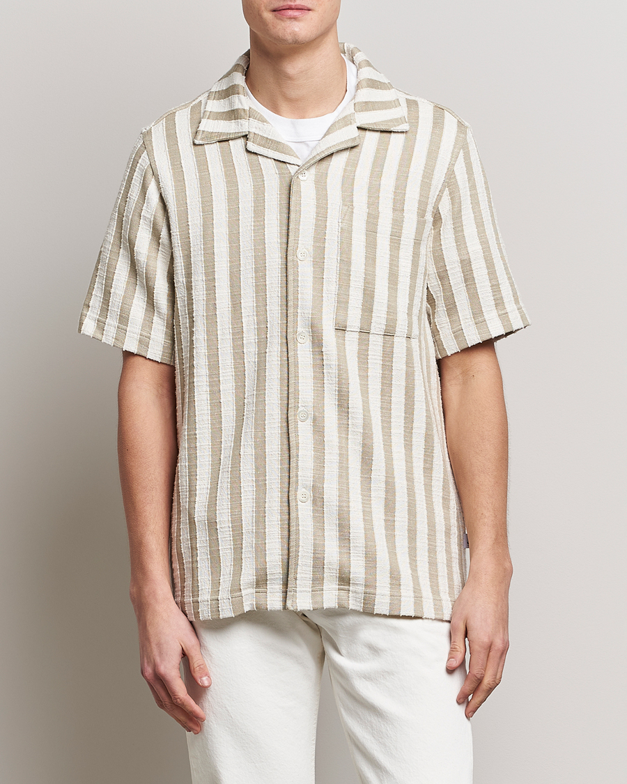 Herre | Kortermede skjorter | NN07 | Julio Knitted Striped Resort Collar Shirt Green/White
