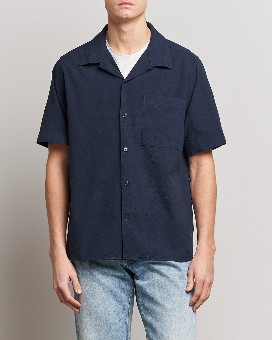 Herre | NN07 | NN07 | Julio Seersucker Short Sleeve Shirt Navy Blue