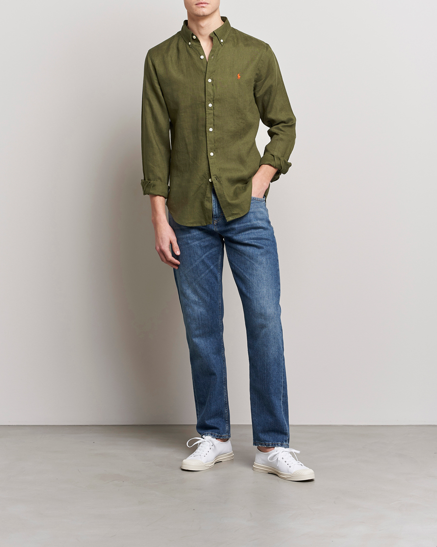 Herre | Skjorter | Polo Ralph Lauren | Slim Fit Linen Button Down Shirt Dark Sage