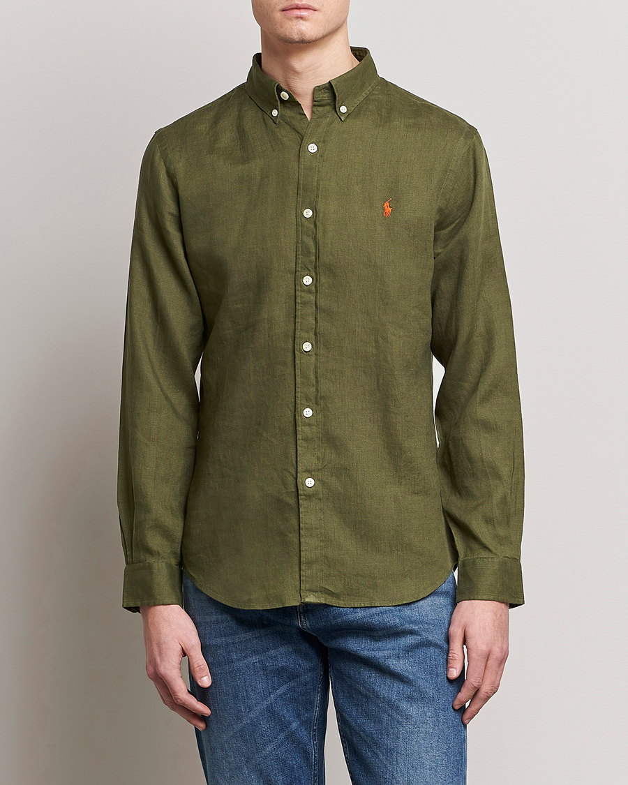Herre |  | Polo Ralph Lauren | Slim Fit Linen Button Down Shirt Dark Sage