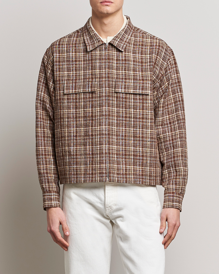 Herre | Moderne jakker | Auralee | Linen/Silk Zip Blouson Brown Check