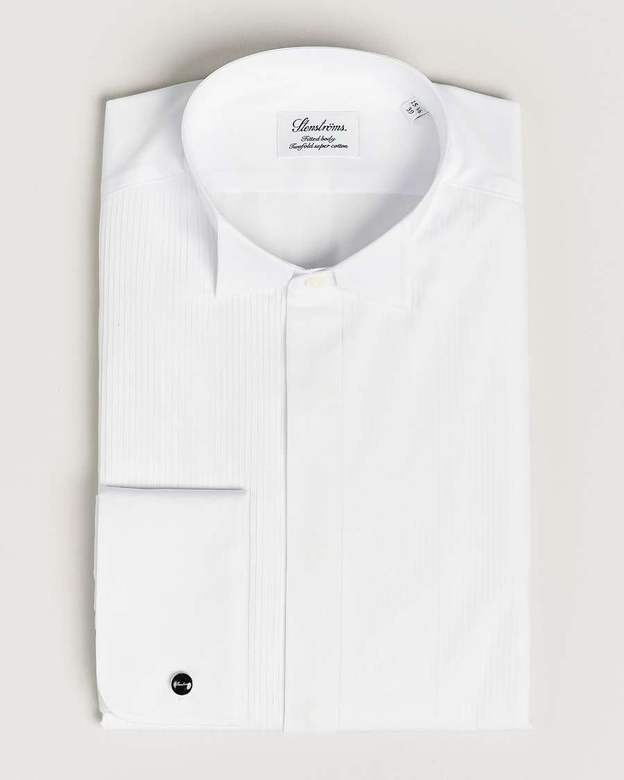 Herre | Skjorter | Stenströms | Fitted Body Stand Up Collar Plissè Shirt White