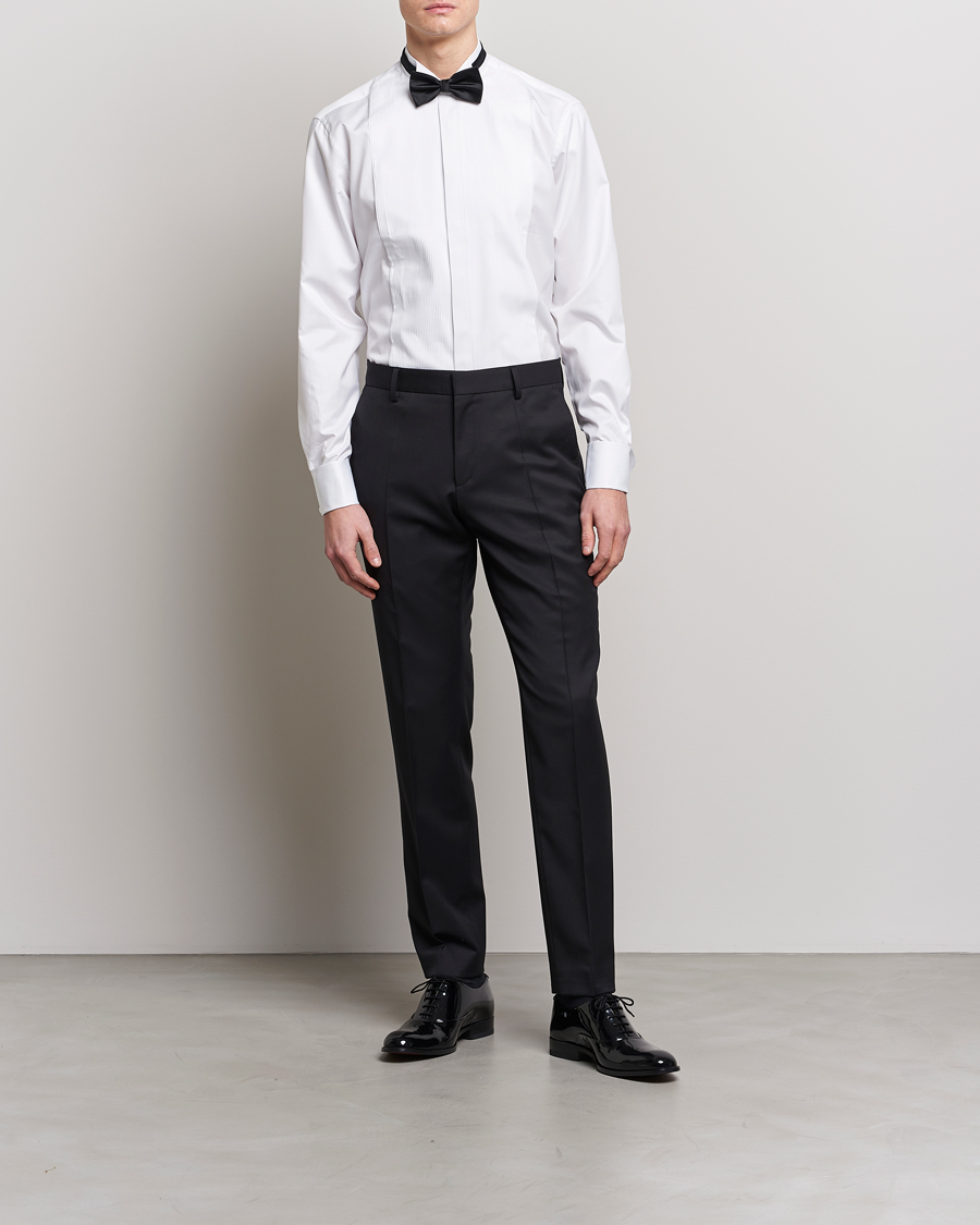Herre | Skjorter | Stenströms | Fitted Body Stand Up Collar Plissè Shirt White