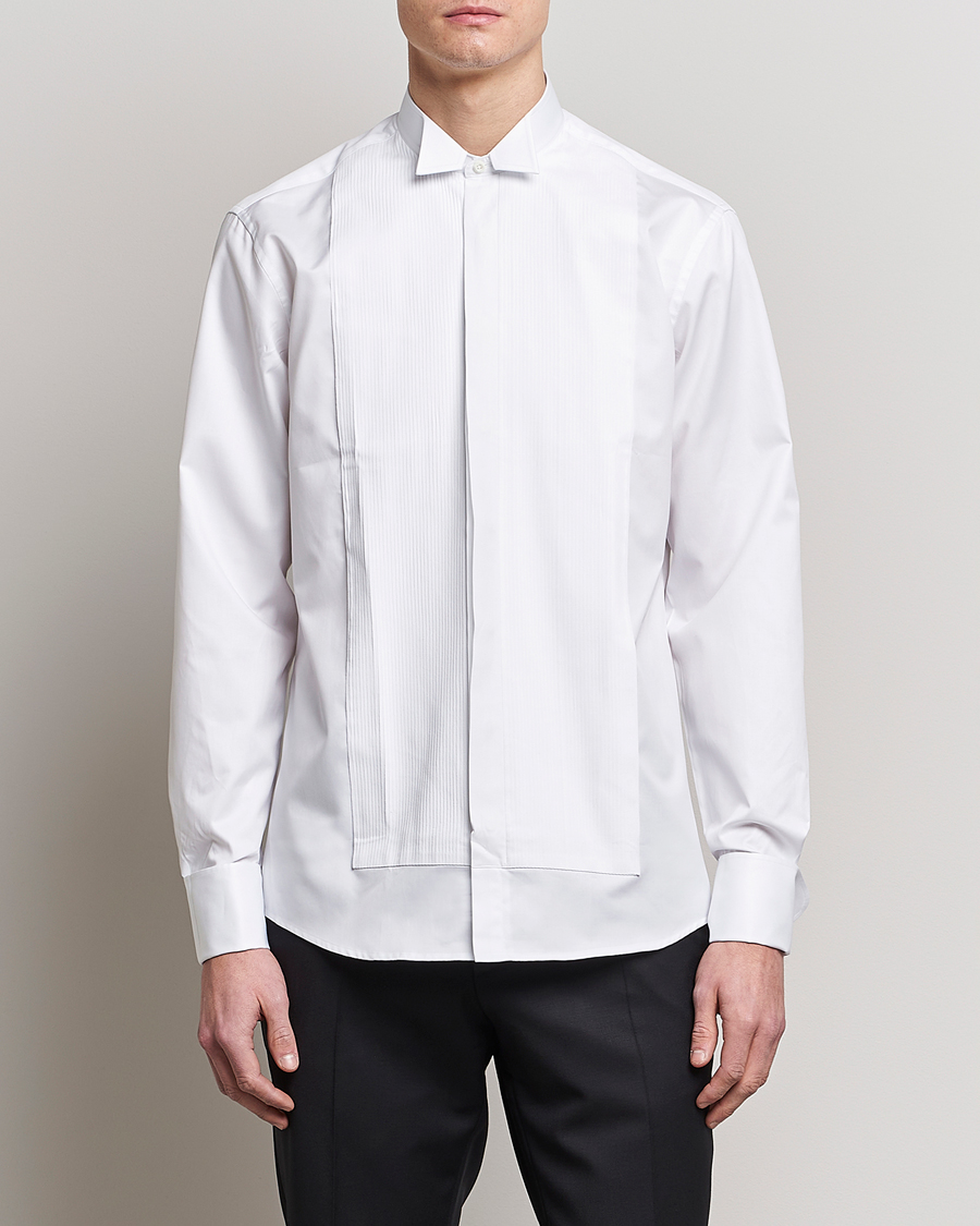 Herre | Skjorter | Stenströms | Fitted Body Stand Up Collar Plissè Shirt White