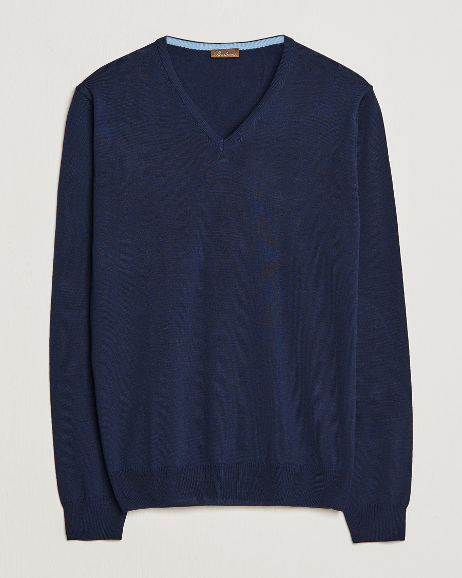 Herre | Gensere | Stenströms | Merino Patch V-Neck Navy/Light Blue