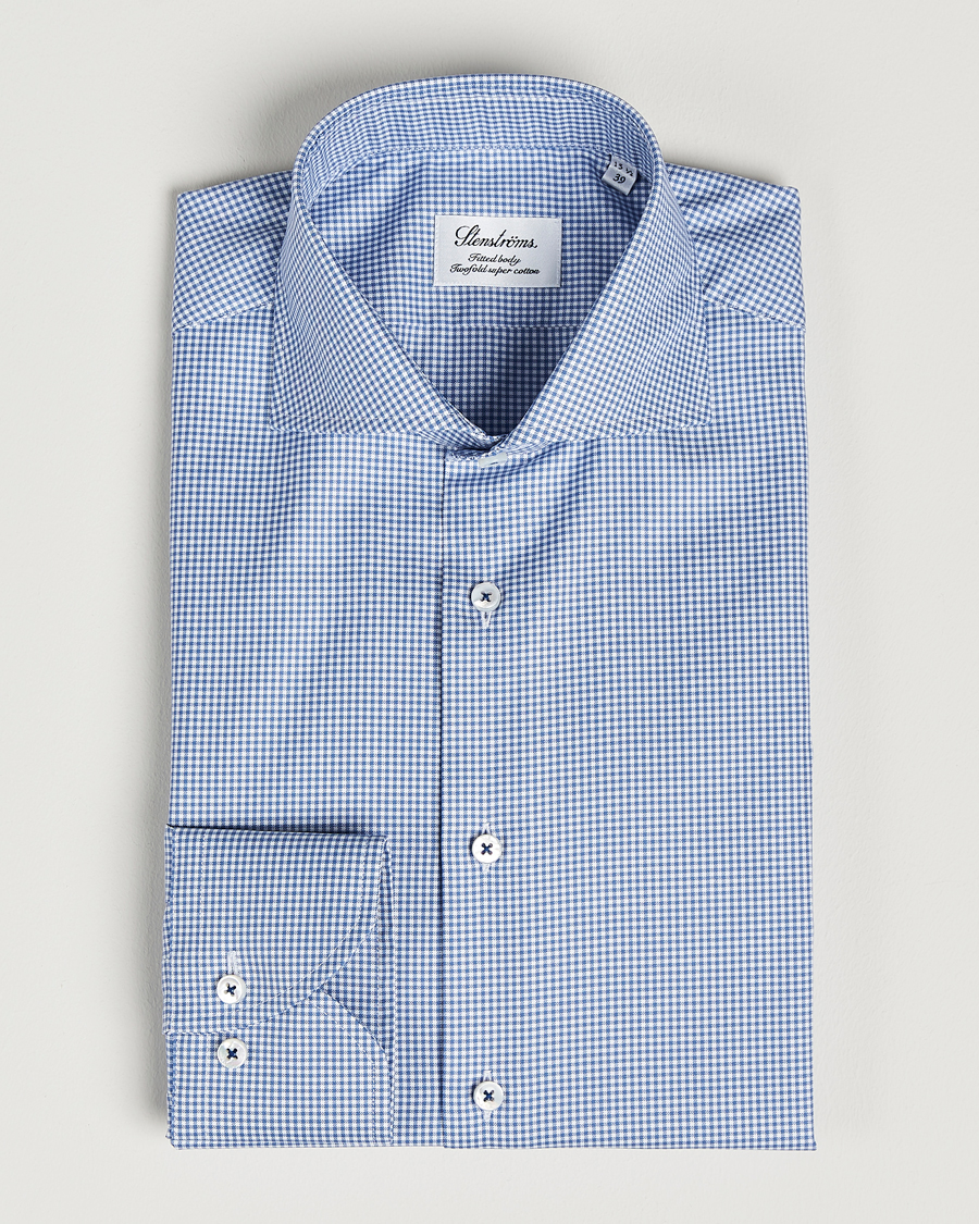 Herre | Skjorter | Stenströms | Fitted Body Small Check Cut Away Shirt Blue