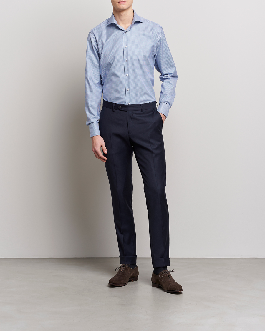 Men |  | Stenströms | Fitted Body Small Check Cut Away Shirt Blue