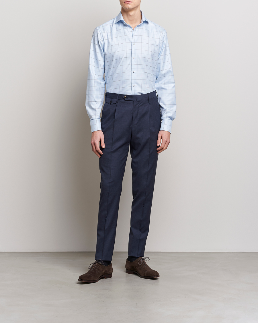 Herre | Avdelinger | Stenströms | Fitted Body Cut Away Windowpane Shirt Blue