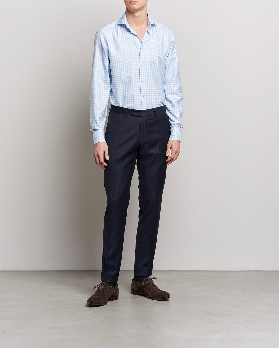 Herre | Business & Beyond | Stenströms | Fitted Body Checked Cut Away Shirt Light Blue