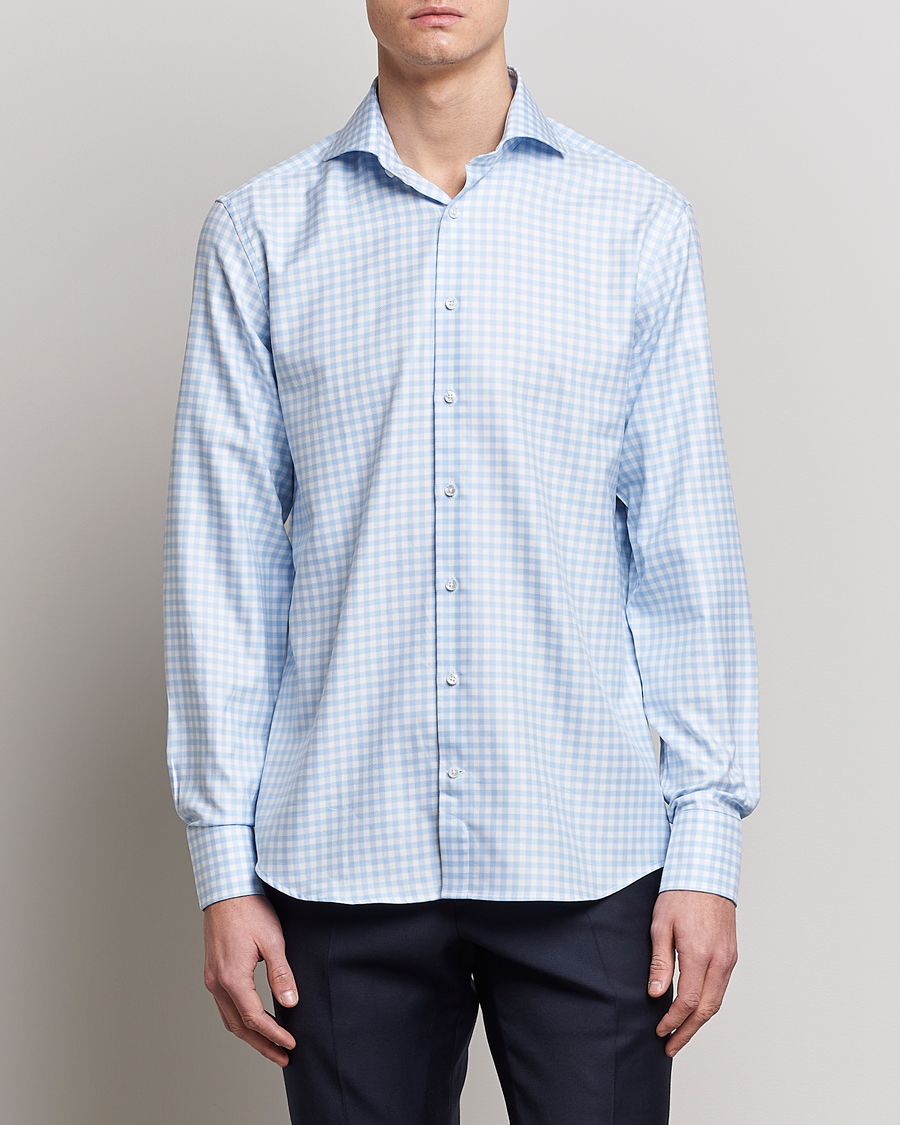Herre | Formelle | Stenströms | Fitted Body Checked Cut Away Shirt Light Blue