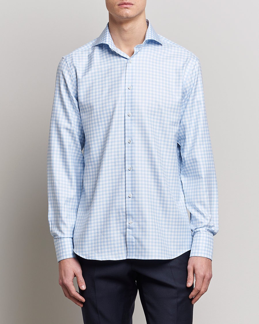 Herre | Business & Beyond | Stenströms | Fitted Body Checked Cut Away Shirt Light Blue