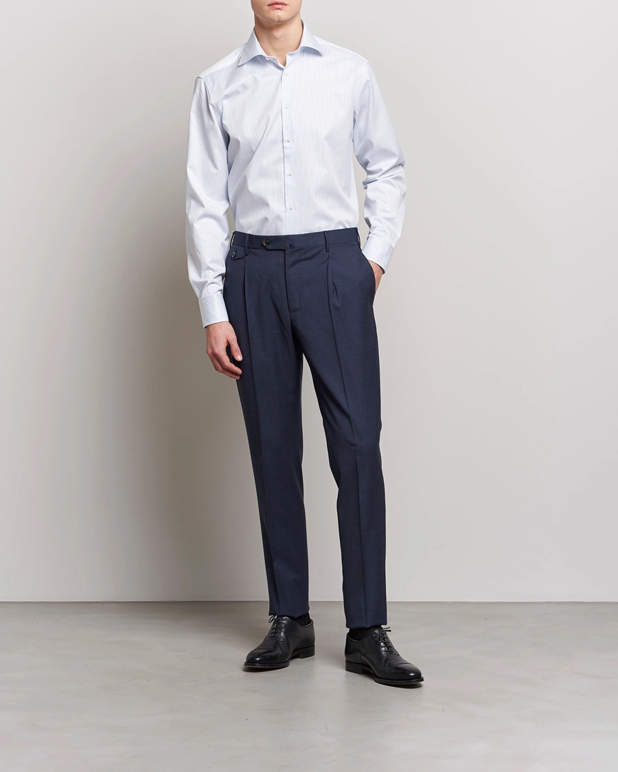 Men | Stenströms | Stenströms | Fitted Body Cotton Double Cuff Shirt White/Blue