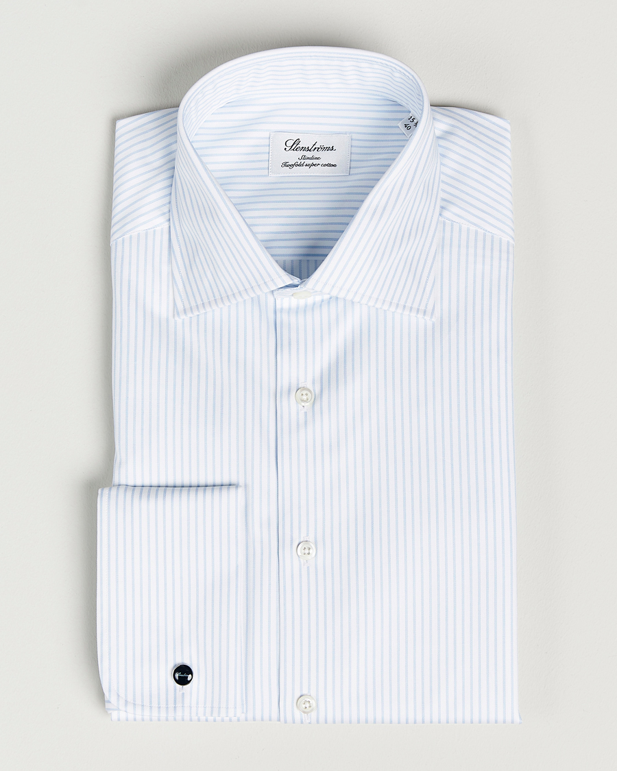 Herre | Skjorter | Stenströms | Slimline Cotton Double Cuff Shirt White/Blue