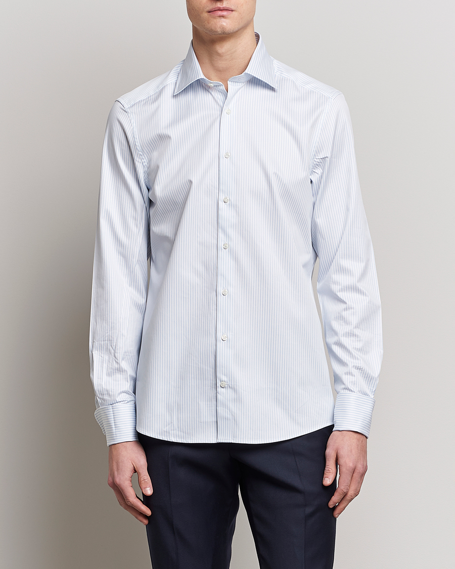 Herre | Skjorter | Stenströms | Slimline Cotton Double Cuff Shirt White/Blue