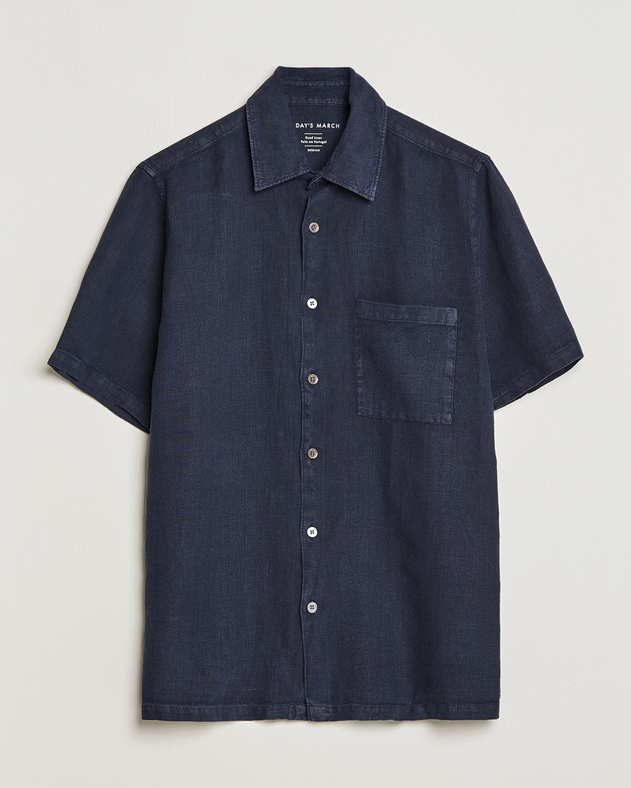Herre | Skjorter | A Day's March | Khito Short Sleeve Linen Shirt Dark Navy