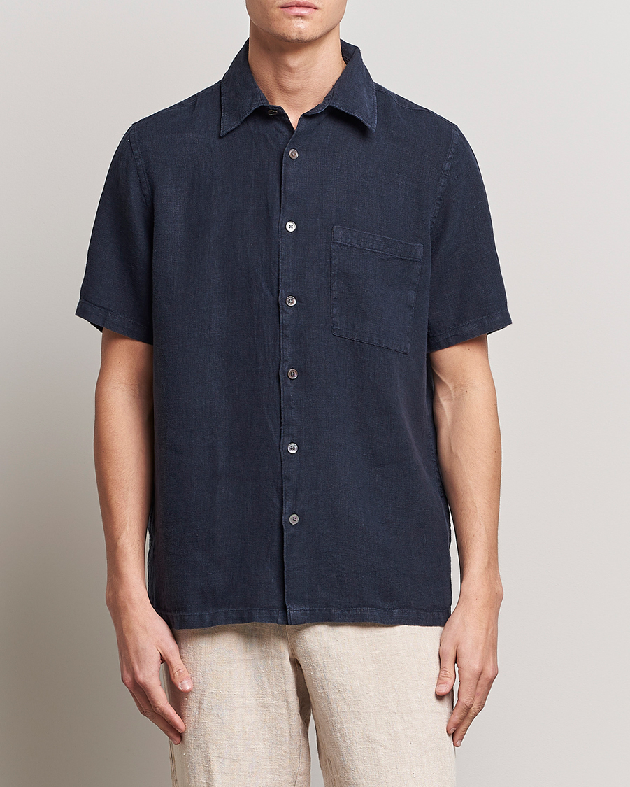 Herre | Skjorter | A Day's March | Khito Short Sleeve Linen Shirt Dark Navy