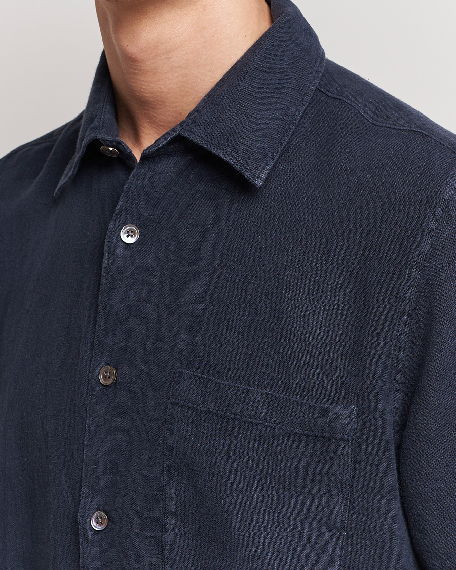 Herre | Skjorter | A Day's March | Khito Short Sleeve Linen Shirt Dark Navy