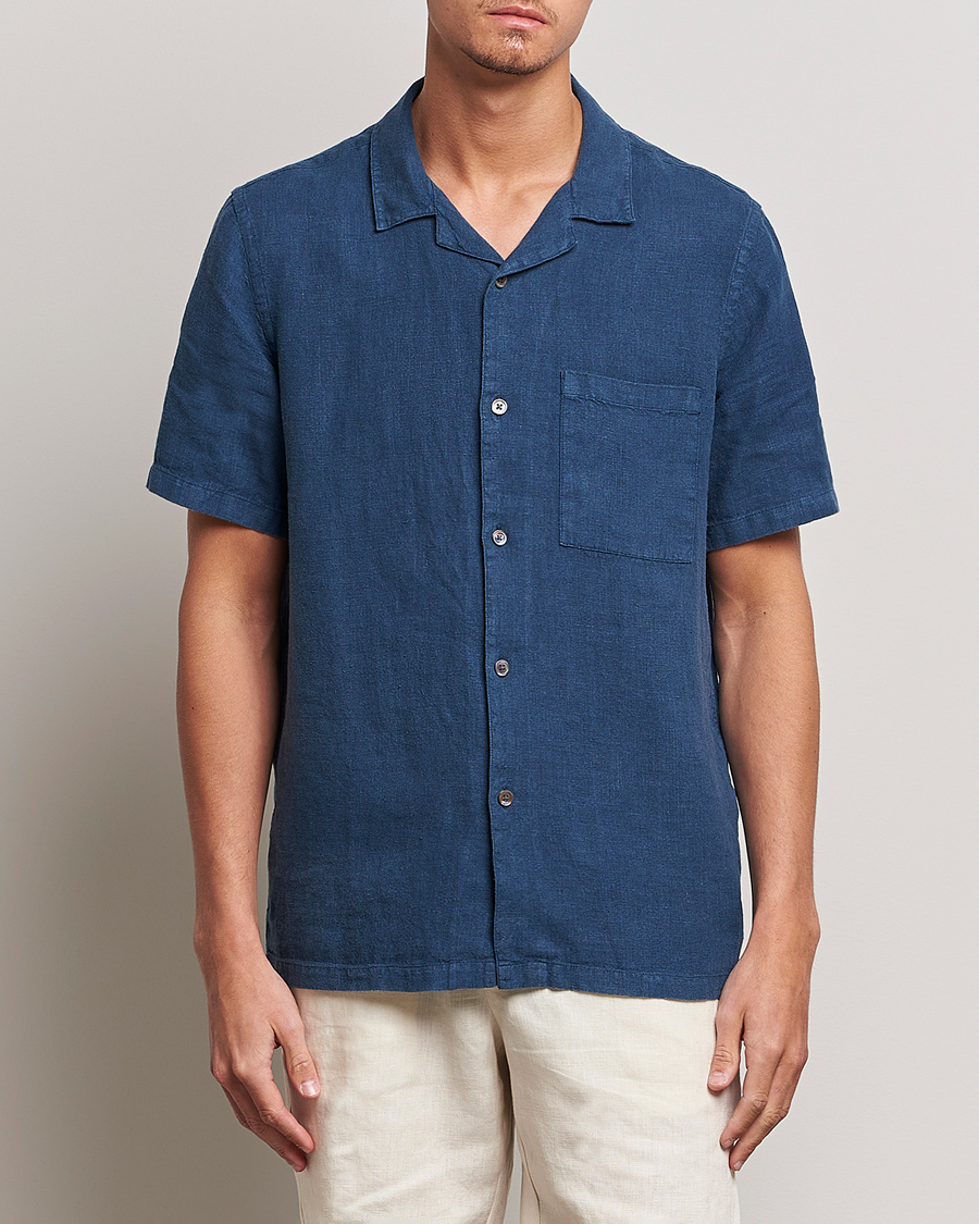 Herre | | A Day's March | Yamu Short Sleeve Linen Shirt Indigo Blue