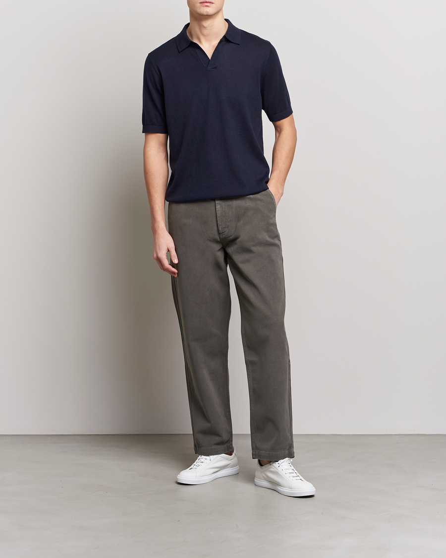 Herre | Pikéer | A Day's March | Ebro Open Collar Cotton/Wool Navy