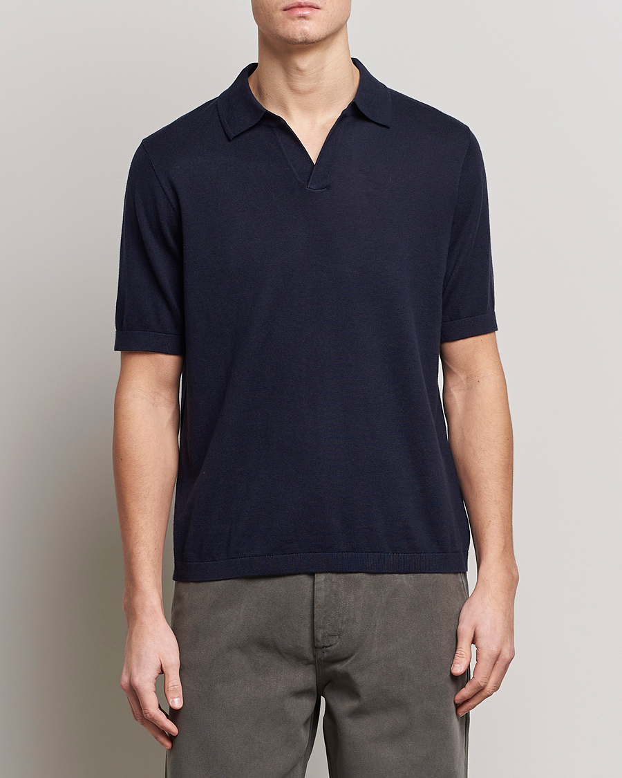 Herre | Pikéer | A Day's March | Ebro Open Collar Cotton/Wool Navy