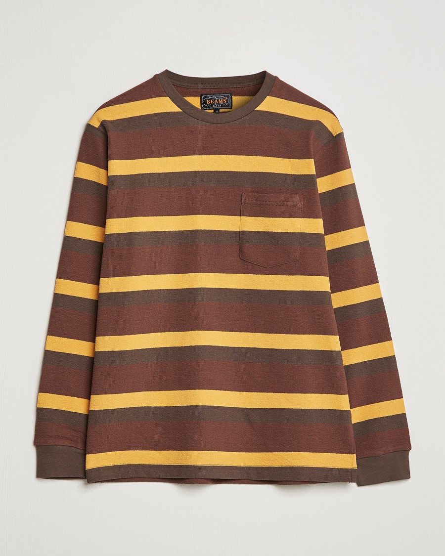 Herre | T-Shirts | BEAMS PLUS | Long Sleeve Striped Pocket Tee Brown